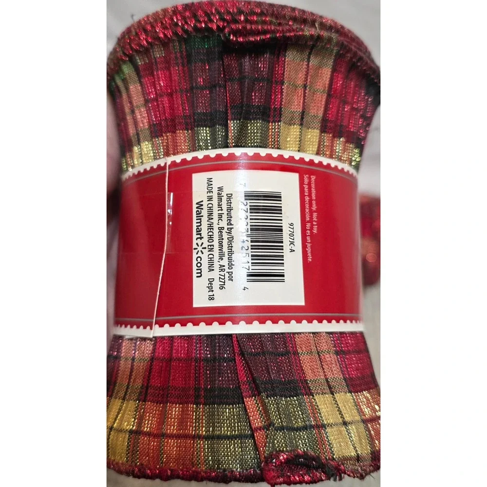 Holiday Time 2pk Christmas Ribbon Red Gold Plaid Metallic 5in x 25ft 97707JC-A